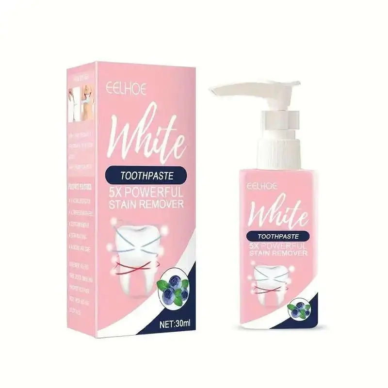 Pink and white blueberry whitening stain removing toothpaste pump with matching box and 5x powerful stain remover text