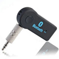 Black bluetooth car aux adapter with silver 3.5mm jack and blue logo for streaming a2dp wireless auto audio