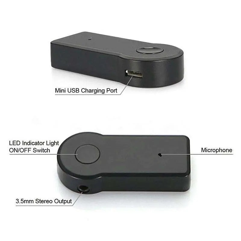 Black bluetooth car aux adapter with silver 3.5mm jack and blue logo for streaming a2dp wireless auto use