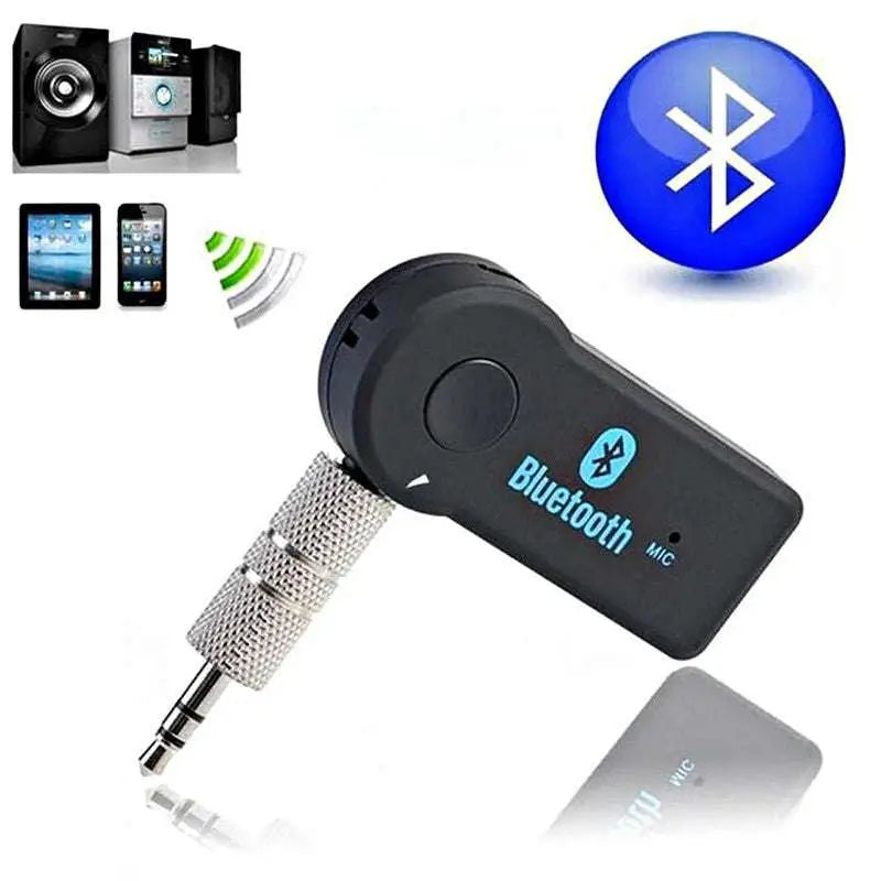 Black bluetooth car aux adapter with silver 3.5mm jack and blue logo for streaming a2dp wireless auto use