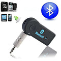Black bluetooth car aux adapter with silver 3.5mm jack and blue logo for streaming a2dp wireless auto use