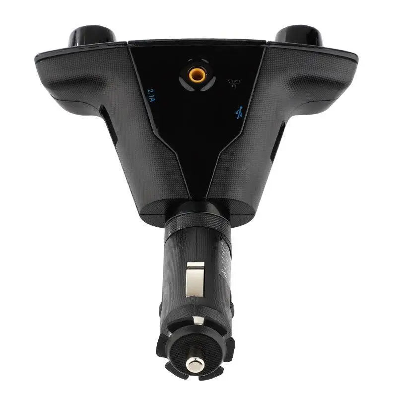 Black car mp3 bluetooth car mp3 player with textured surface, two control knobs, led accent rings, and orange audio jack