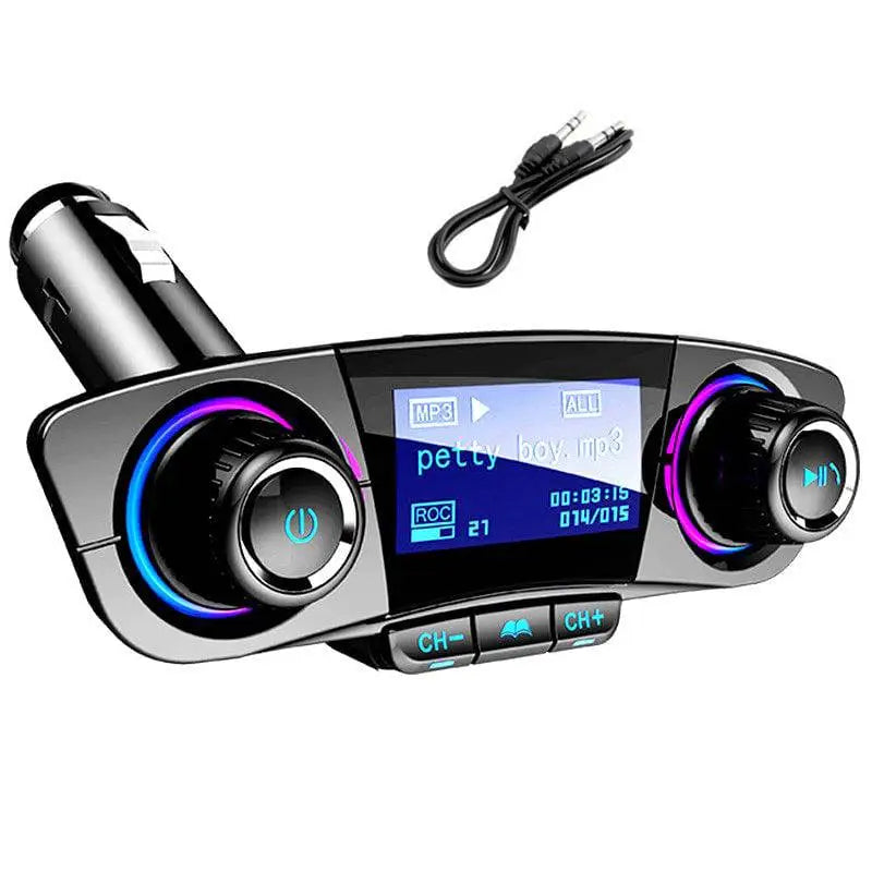 Black and silver bluetooth car mp3 player with led accent rings featuring glowing blue and purple knob lights