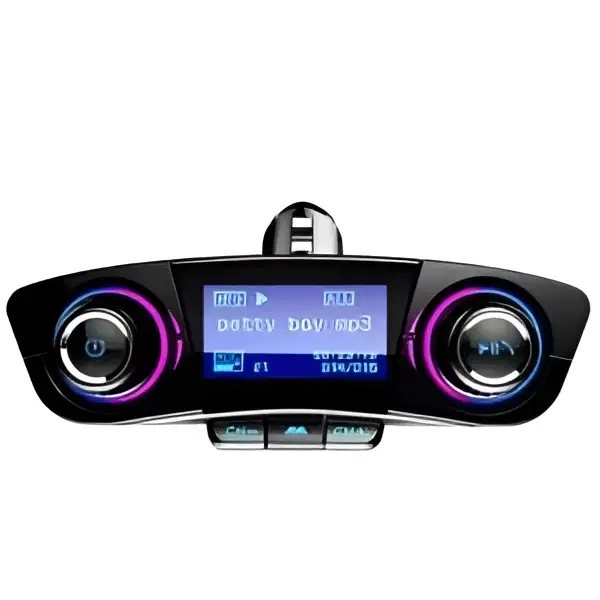 Black car mp3 Bluetooth car mp3 player with LED accent rings and purple blue illuminated circular controls