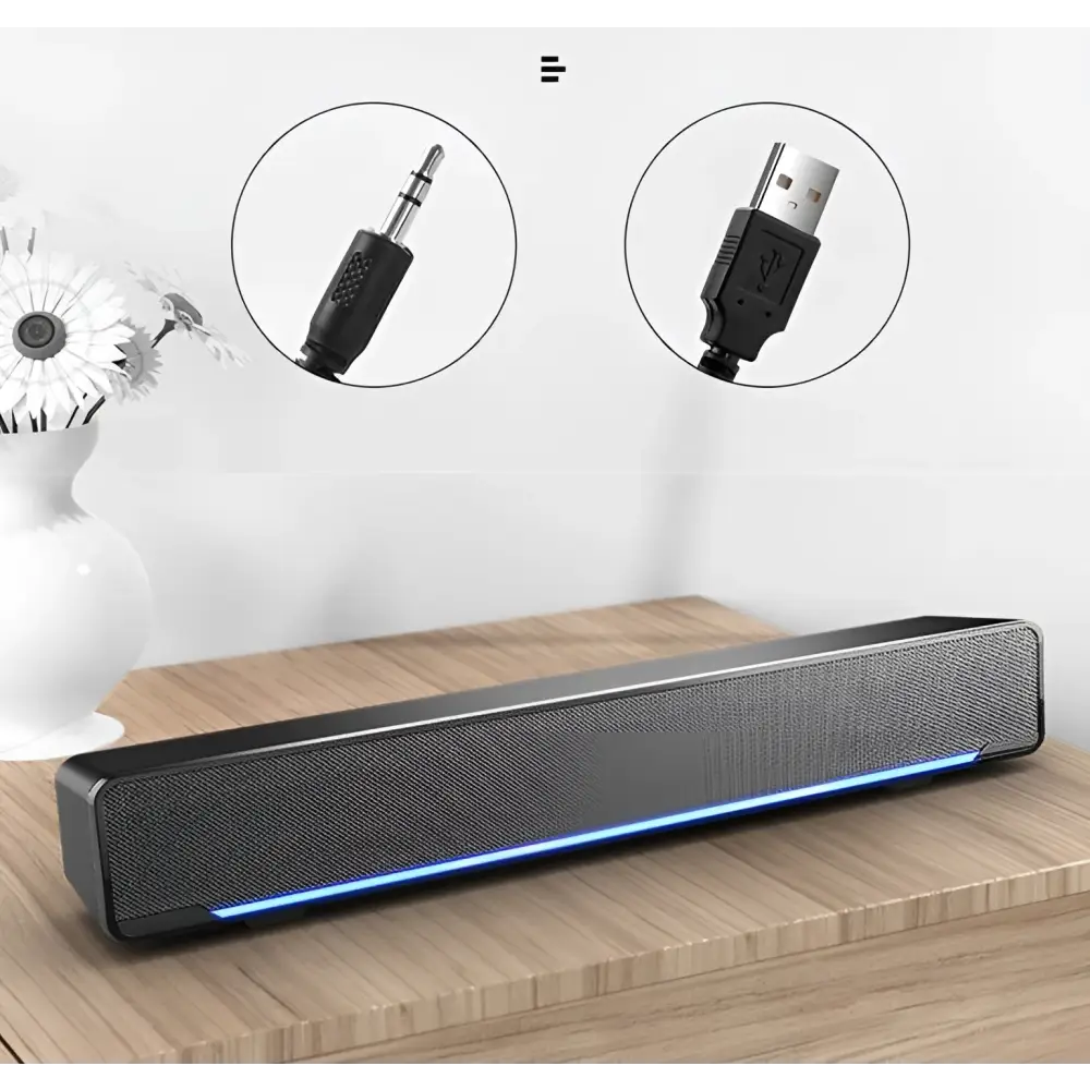 Black rectangular bluetooth dual-mode soundbar with textured gray grille and glowing blue led strip upgrade