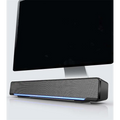 Black rectangular bluetooth dual-mode soundbar with textured grille and blue led lighting strip for upgrade audio