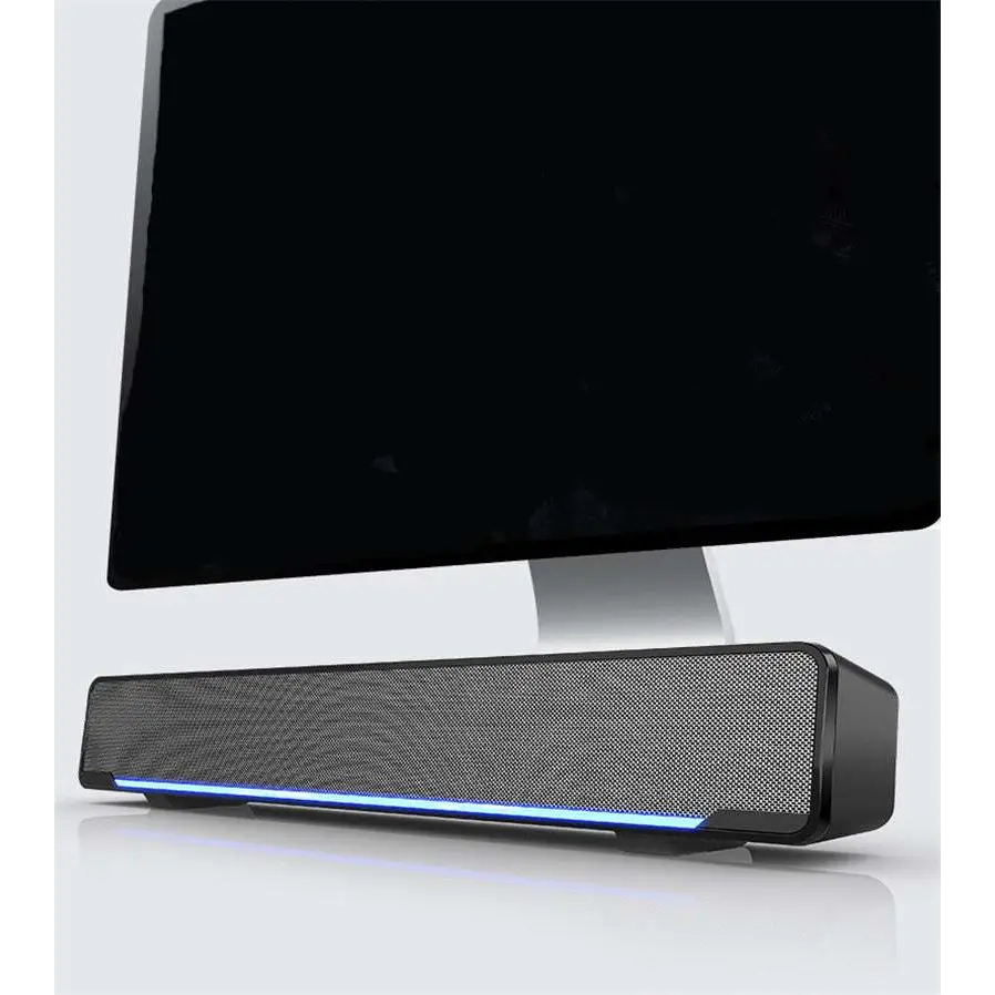 Black rectangular bluetooth dual-mode soundbar with textured grille and blue led lighting strip for upgrade audio