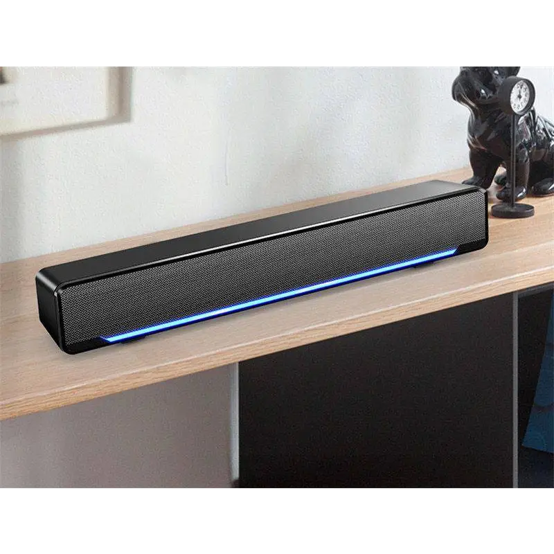 Black rectangular bluetooth dual-mode soundbar with textured fabric grille and blue led strip for upgraded audio