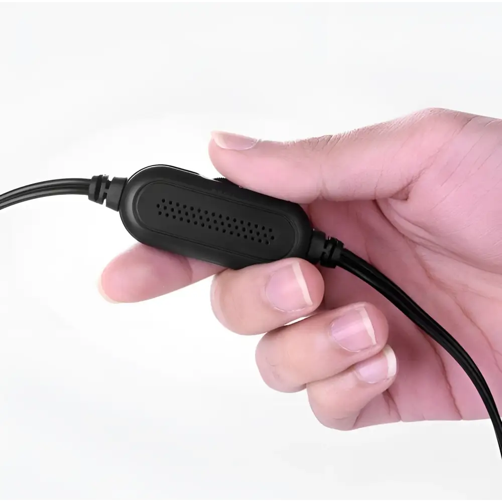 Black rectangular bluetooth dual-mode soundbar adapter with perforated surface and two connected cables at the back side