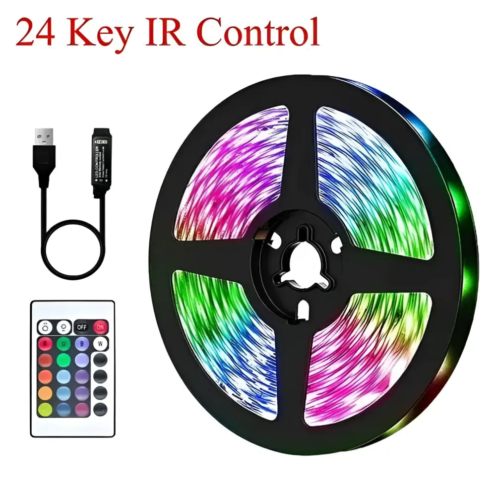 Bluetooth ws2812b black led strip featuring 24-key ir remote and vibrant multicolored flexible lighting design