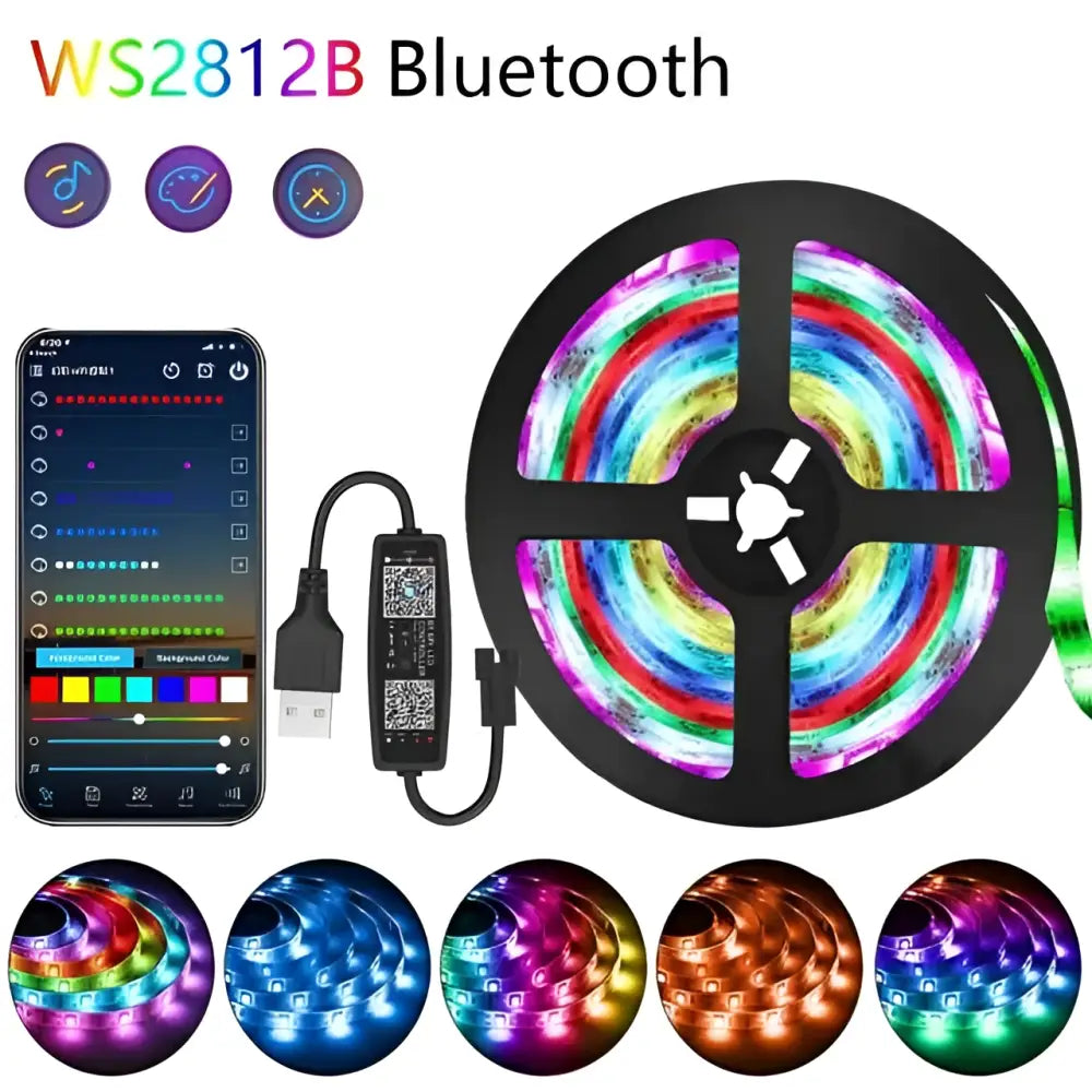 Bluetooth ws2812b black led strip lights with vibrant multi-colored illumination and a sleek flexible black design