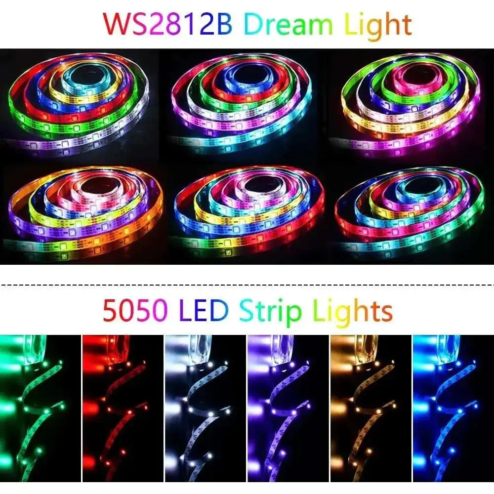Flexible bluetooth ws2812b black led strip lights with 5050 leds displaying vibrant rainbow colors for decorative use
