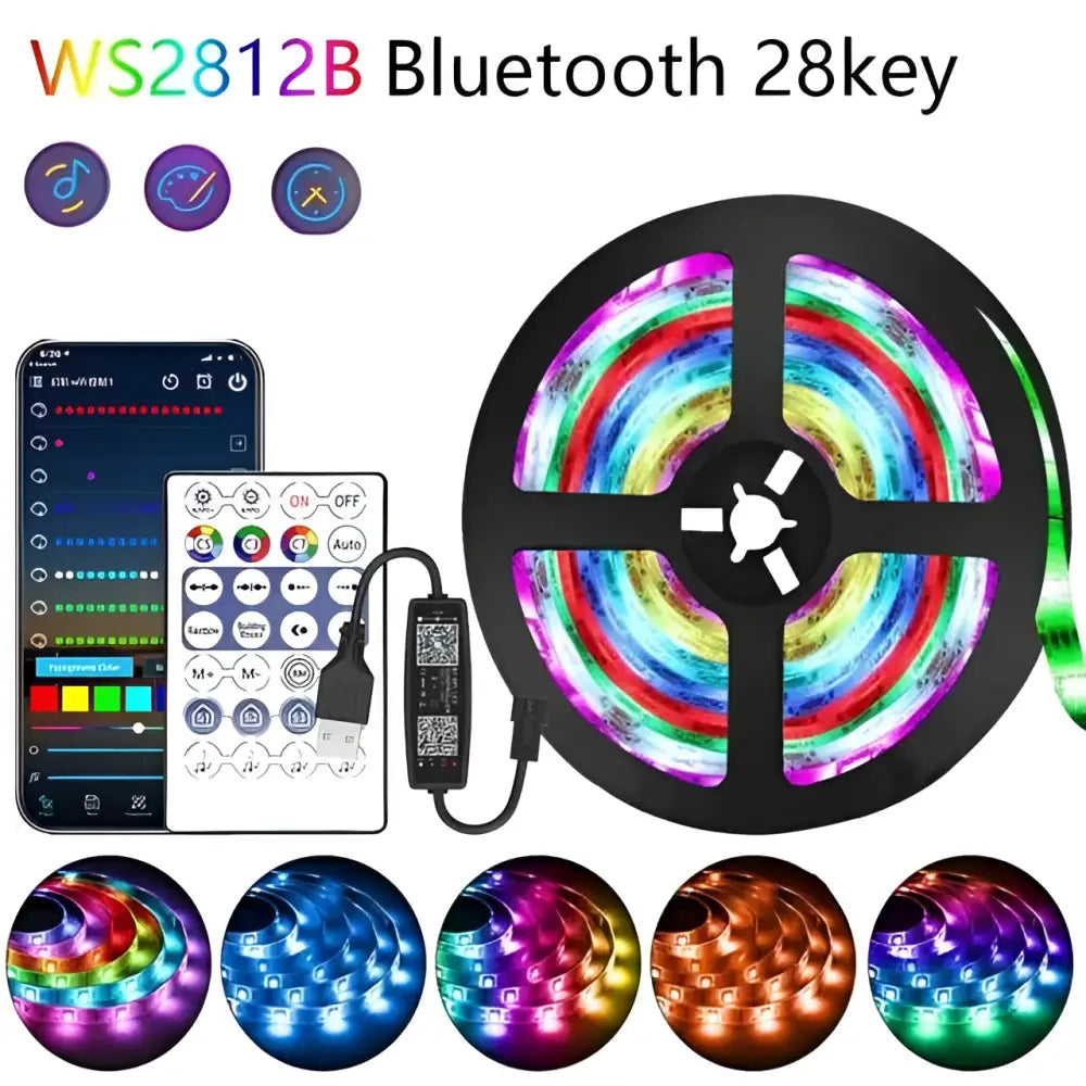 Bluetooth ws2812b black led strip lights with flexible multi-colored leds, black adhesive backing, smartphone app control