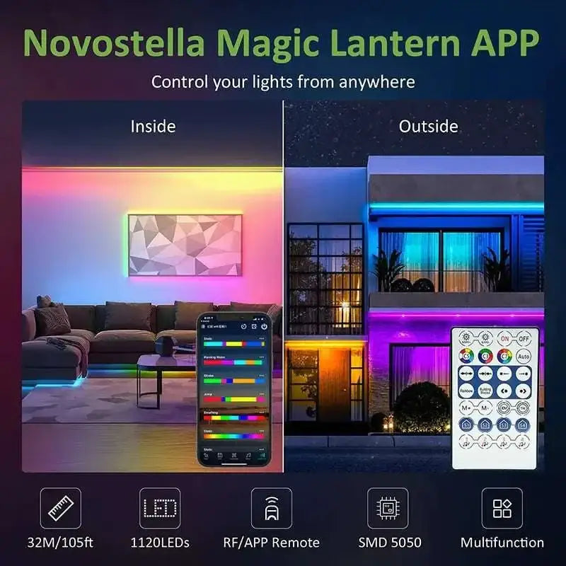 Novostella bluetooth ws2812b black led strip with 1120 leds features vibrant color-changing indoor outdoor illumination