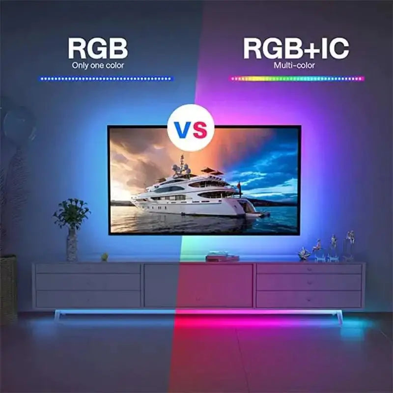 A sleek black led strip with bluetooth ws2812b rgb multi-color capability illuminating the room vibrantly