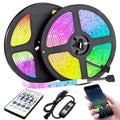 Two rolls of bluetooth ws2812b black led strip lights with vibrant rainbow gradient segments in black plastic casing