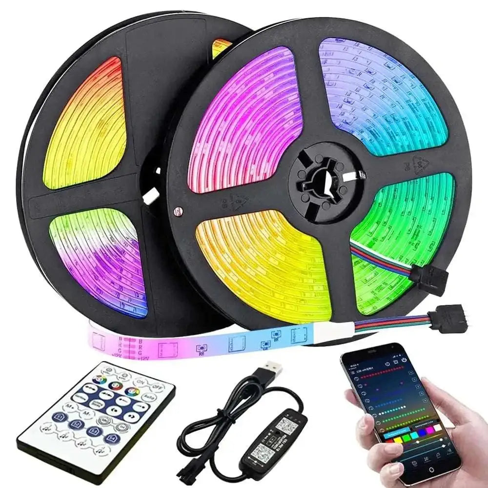 Two rolls of bluetooth ws2812b black led strip lights with vibrant rainbow gradient segments in black plastic casing