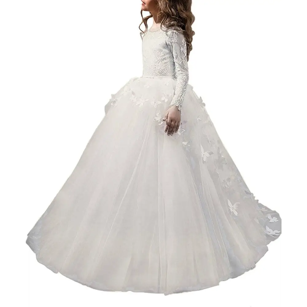 White lace princess dress flower girl evening gown with appliqué long sleeves and flowing blush tulle skirt