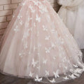 Blush lace princess dress flower girl evening dress with delicate blush pink tulle and white butterfly appliqués