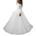 White lace princess dress flower girl evening dress with long sleeves and voluminous tulle skirt with floral appliqués
