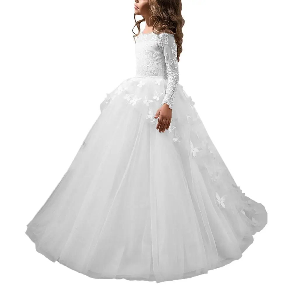 White lace princess dress flower girl evening dress with long sleeves and voluminous tulle skirt with floral appliqués