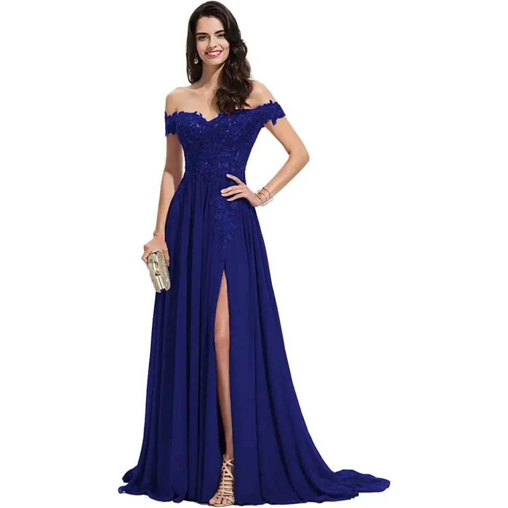 A royal blue long prom dress with intricate lace bodice and flowing chiffon skirt featuring a prom dress slit
