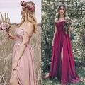 A blush pink lace long prom dress with an off-the-shoulder design and prom dress slit paired with a floral crown