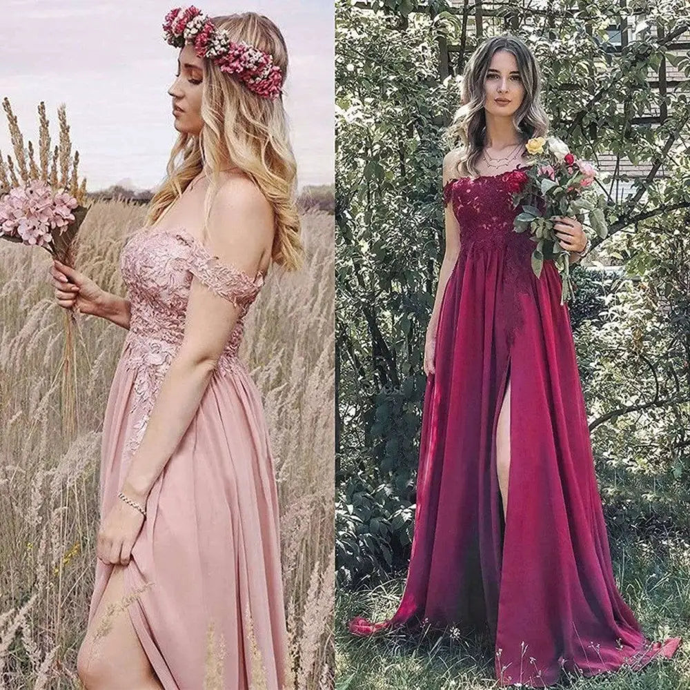 A blush pink lace long prom dress with an off-the-shoulder design and prom dress slit paired with a floral crown