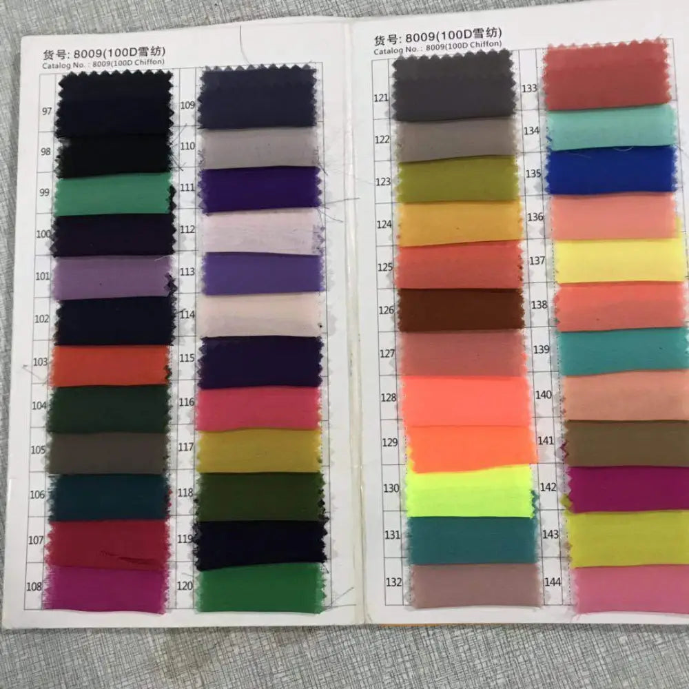 A vibrant 100d chiffon fabric swatch chart showcasing hues for a blush pink lace long prom dress with a prom dress slit