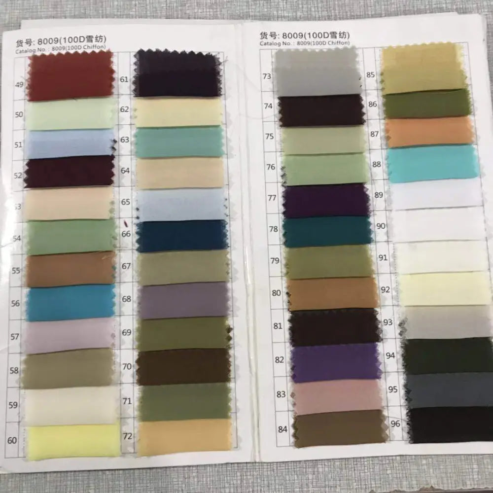 A fabric swatch catalog displaying multiple color options for 100d chiffon material in a blush pink lace long prom dress slit