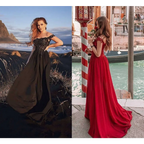 Black off-the-shoulder lace gown with flowing skirt paired with a red velvet long prom dress with a prom dress slit