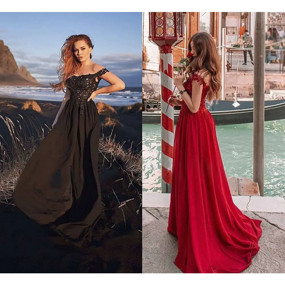 Black off-the-shoulder lace gown with flowing skirt paired with a red velvet long prom dress with a prom dress slit