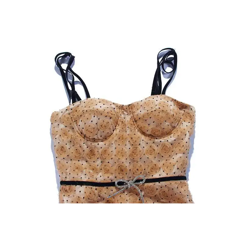 Beige strapless bodice with rose appliqués and black polka dots in blush pink lace slim drawstring dress with silver bow