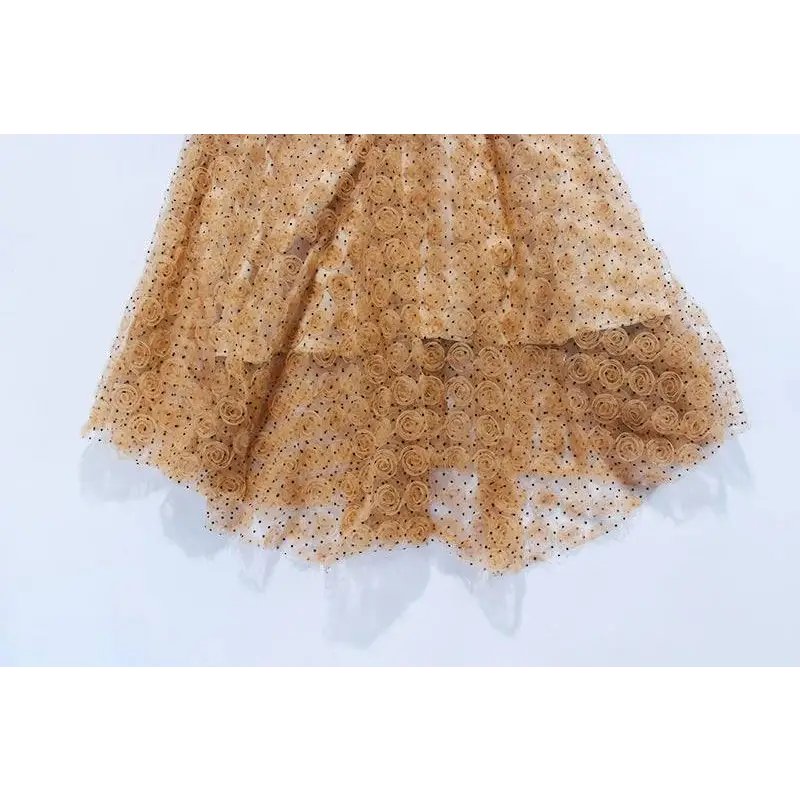 A blush pink lace slim drawstring dress with a tan lace skirt featuring rose appliqués and black polka dots