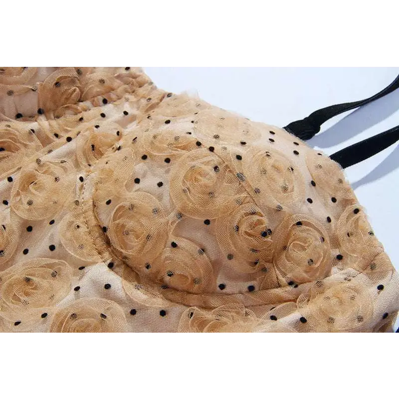 Beige lace bra with black polka dots and 3d rose appliqués paired with blush pink lace slim drawstring dress