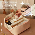 Blush pink large capacity travel cosmetic bag made of fabric with zipper closure and multiple compartments for makeup storage