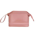 Blush pink large capacity travel cosmetic bag with two compartments gold-toned zipper and wrist strap makeup bag
