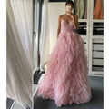 A blush pink mesh long gown prom with layered tulle skirt and sweetheart neckline evening gown prom option