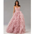 Blush pink mesh flowing ball gown prom dress with fitted bodice and layered tulle ruffles evening gown prom