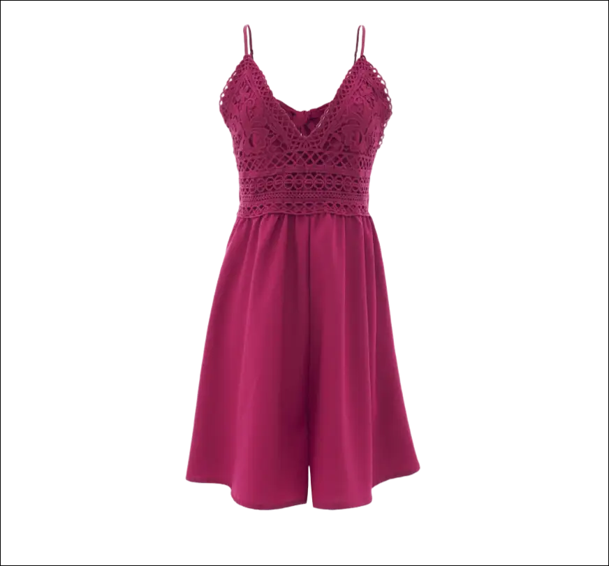 Blush pink romper image featuring a vibrant magenta color with delicate lace detailing and thin spaghetti straps in luxury women’s fashion