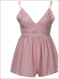 Blush pink romper image of delicate dusty rose lace with thin spaghetti straps and a flowing skirt in luxury women’s fashion