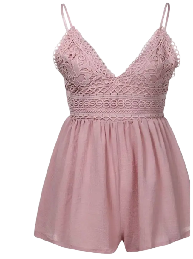 Blush pink romper image of delicate dusty rose lace with thin spaghetti straps and a flowing skirt in luxury women’s fashion