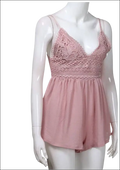 Blush pink romper image featuring delicate lace fabric with thin spaghetti straps and gathered waist for luxury women’s fashion