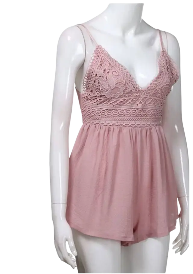 Blush pink romper image featuring delicate lace fabric with thin spaghetti straps and gathered waist for luxury women’s fashion