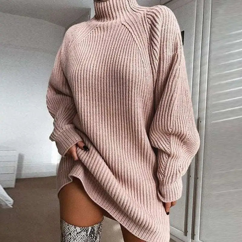 Cozy blush pink turtleneck long sweater dress with ribbed knit fabric, high turtleneck, and long sleeves for winter