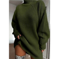 Olive green ribbed knit oversized sweater dress with high turtleneck and long sleeves for winter wear