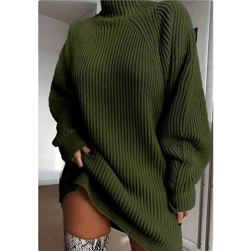 Olive green ribbed knit oversized sweater dress with high turtleneck and long sleeves for winter wear