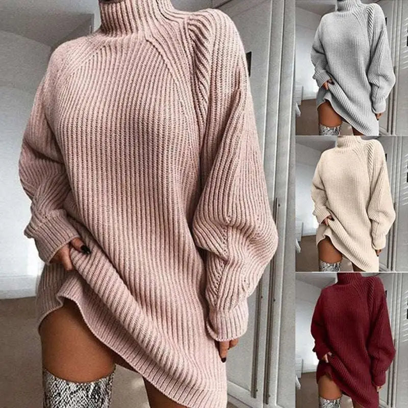 A cozy blush pink turtleneck long sweater dress in soft ribbed knit ideal for winter wear