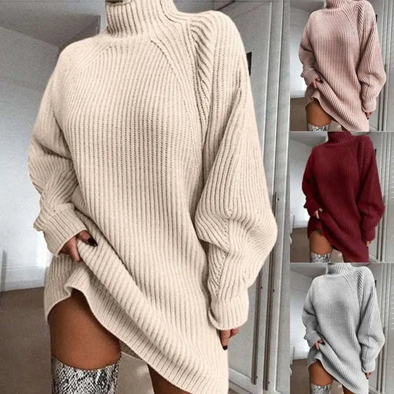 Cream-colored ribbed knit turtleneck long sweater with loose oversized fit ideal for winter wear