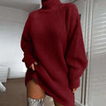 A cozy deep red ribbed knit turtleneck long sweater with oversized sleeves and a slouchy fit for winter wear